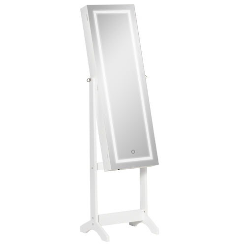 Lockable Jewelry Armoire with LED Light, Standing Mirror with Storage for Bedroom Dressing Room, White