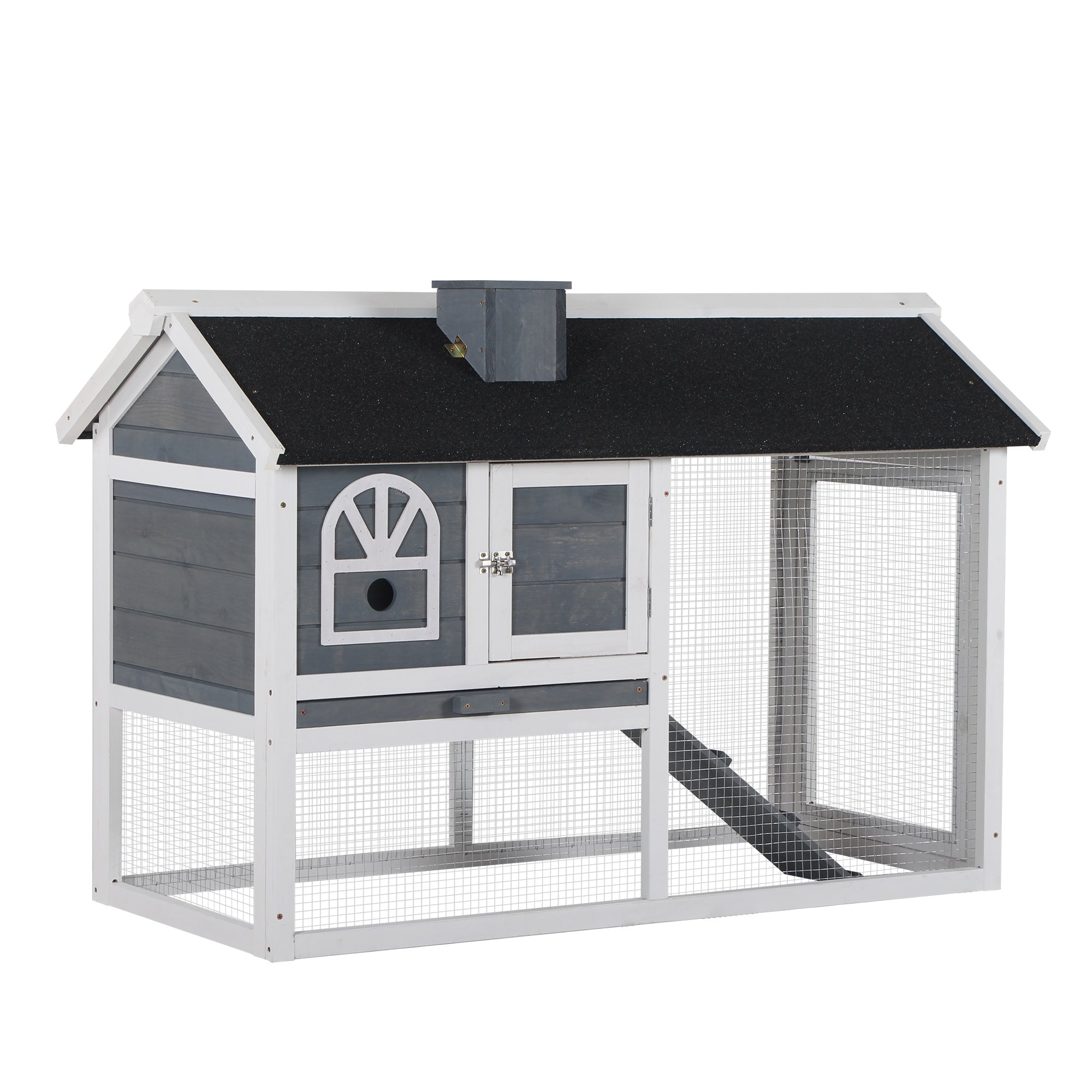 Wooden Rabbit Hutch with Run, Tray, Ramp, Asphalt Roof, Grey Rabbit Hutch Grey, White at Gallery Canada