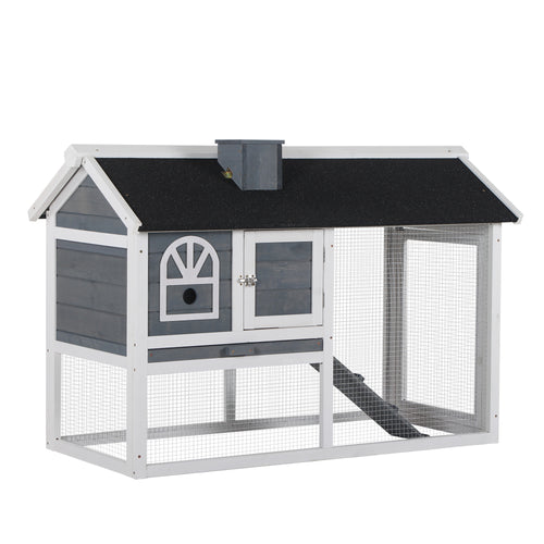Wooden Rabbit Hutch with Run, Tray, Ramp, Asphalt Roof, Grey