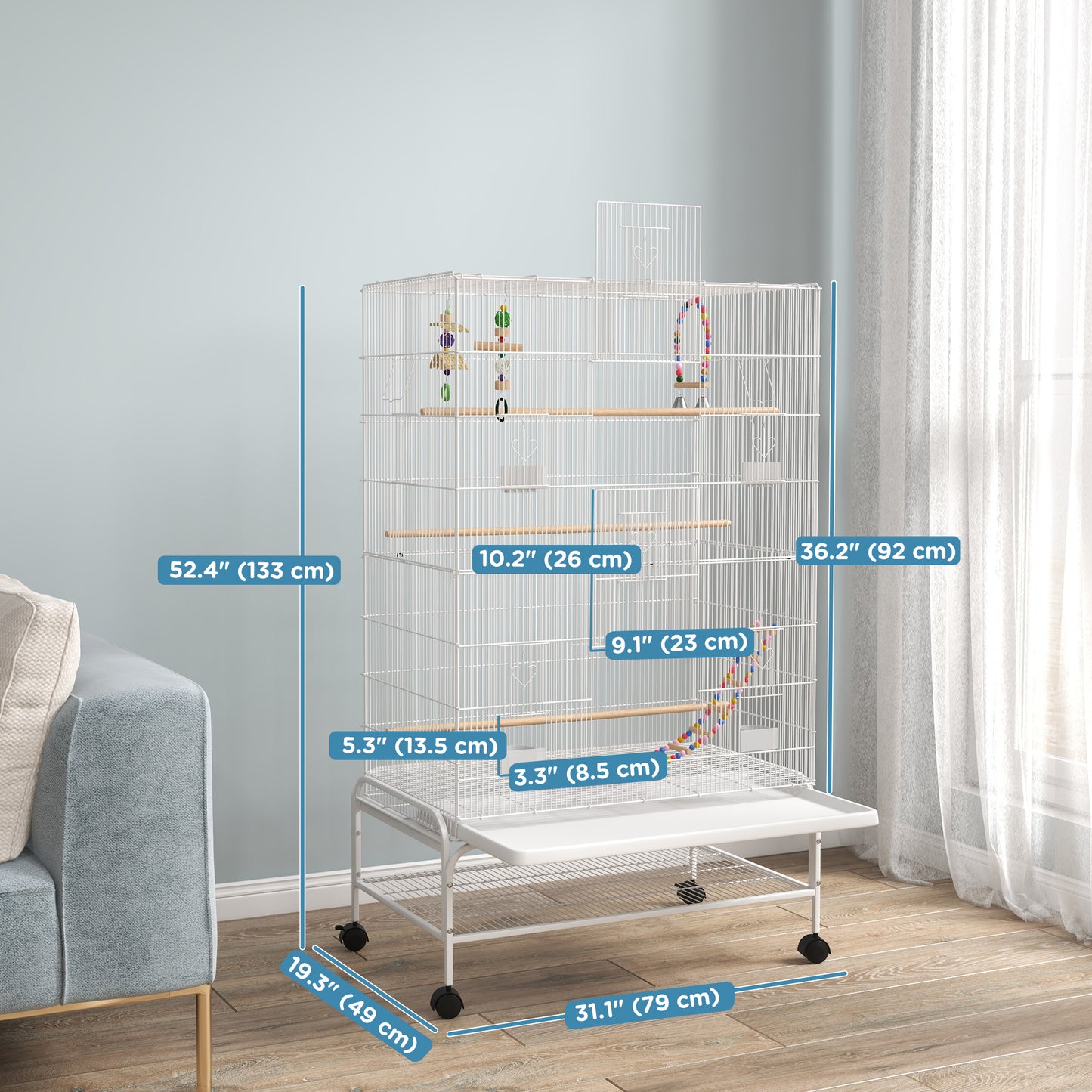 52" Bird Cage with Rolling Stand, Toys, for Budgies Canaries White Bird Cages   at Gallery Canada