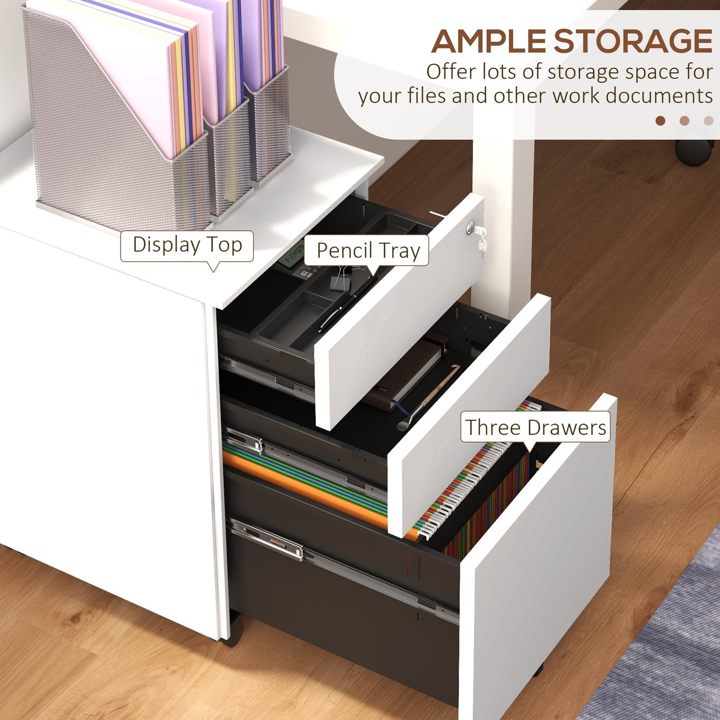 Vertical Steel Filing Cabinet, 3-Drawer Lockable File Cabinet with Adjustable Hanging Bar for A4, Legal and Letter Size, White Office Cabinets & Cupboards   at Gallery Canada