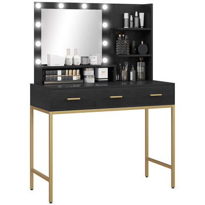 Illuminated Dressing Table, LED Vanity Table with Mirror, 3 Drawers and Storage Shelves for Bedroom, Black Dressing & Vanity Tables   at Gallery Canada