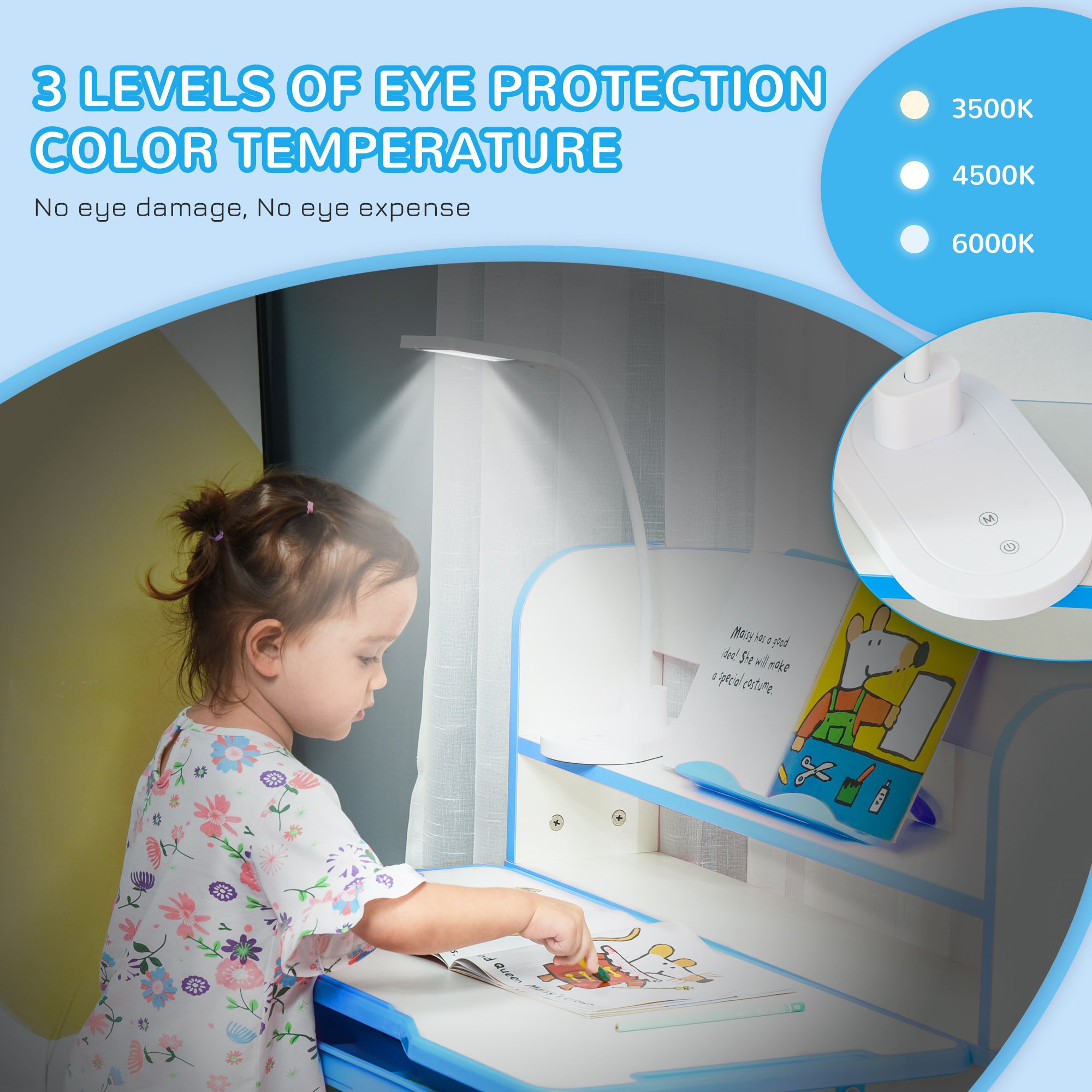 Kids Desk and Chair Set with Easy Rotation Handle, Height Adjustable Study Table and Chair Set with LED Lamp, Bookshelf, Drawer, Reading Board, Pen Slot, Hook, Blue Kids Desk Sets at Gallery Canada