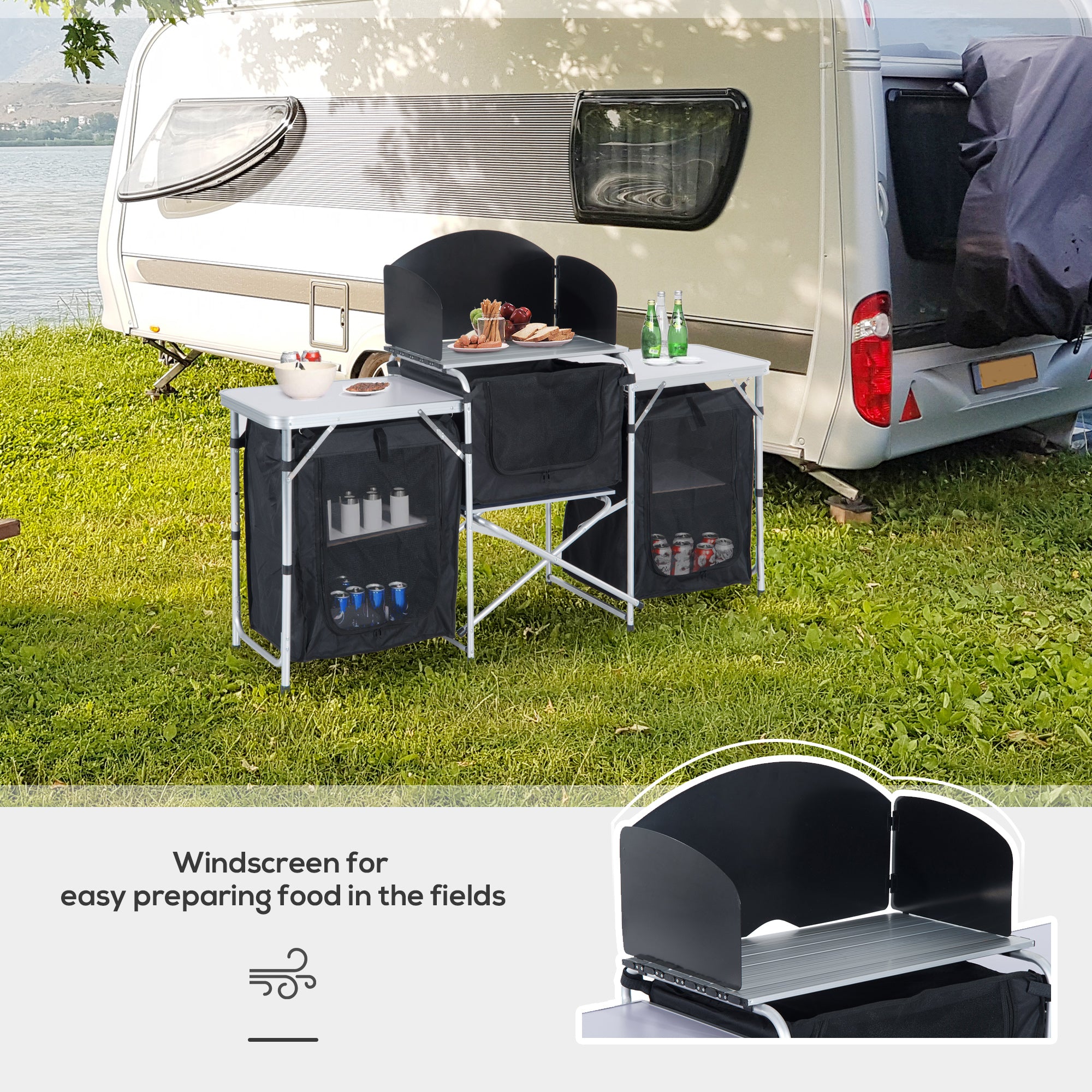Folding Camping Kitchen Table with Carrying Bag, Windscreen and 3 Enclosed Cupboards, Aluminum Cook Station, Black Picnic Tables & Camping Chairs at Gallery Canada
