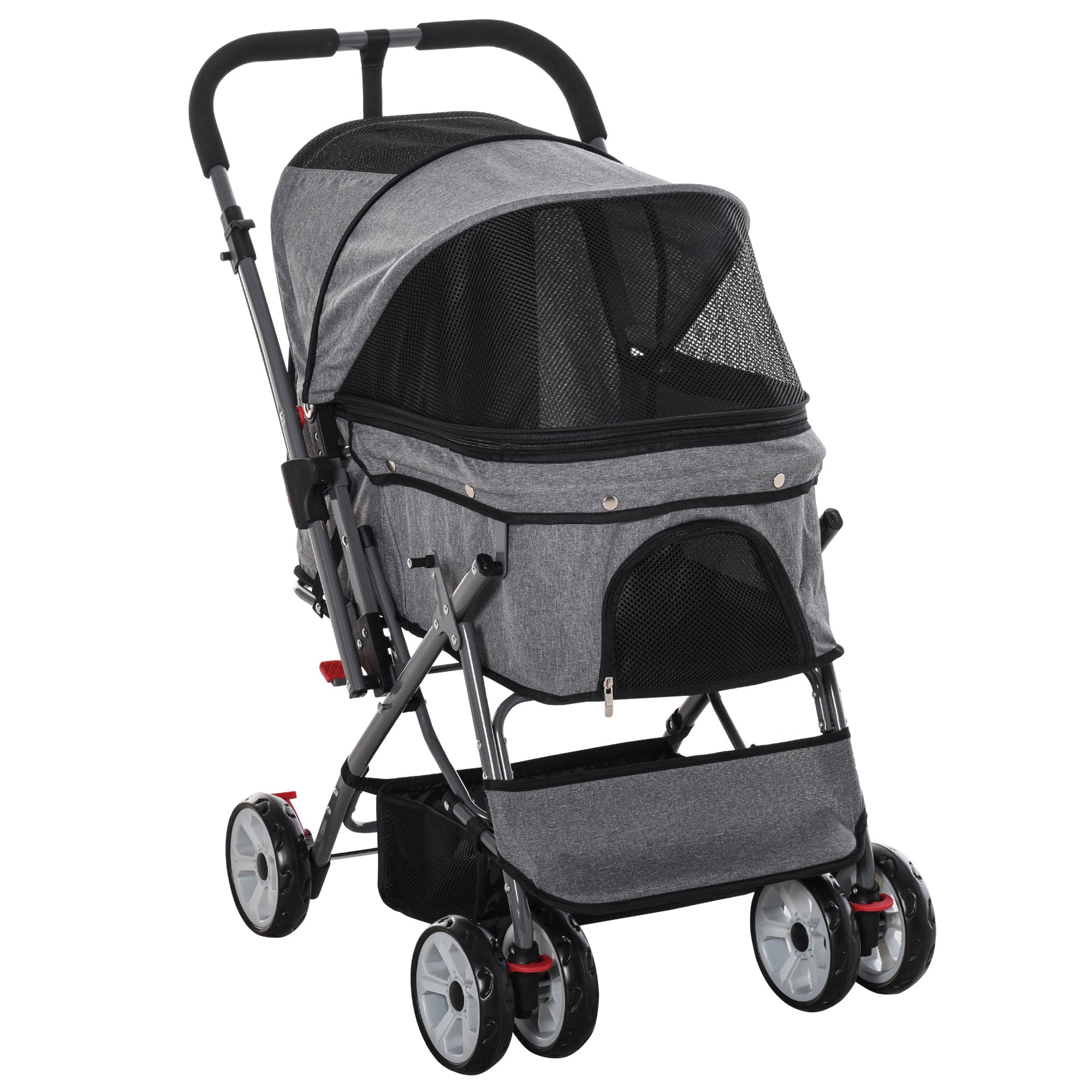 4 Wheels Pet Stroller w/ Reversible Handle, Foldable Dog Cat Travel Carriage w/ EVA Wheels Basket Storage Bag 3-stage Canopy Grey Dog Bike Trailers & Strollers Grey  at Gallery Canada