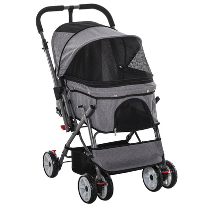 4 Wheels Pet Stroller w/ Reversible Handle, Foldable Dog Cat Travel Carriage w/ EVA Wheels Basket Storage Bag 3-stage Canopy Grey Dog Bike Trailers & Strollers Grey  at Gallery Canada