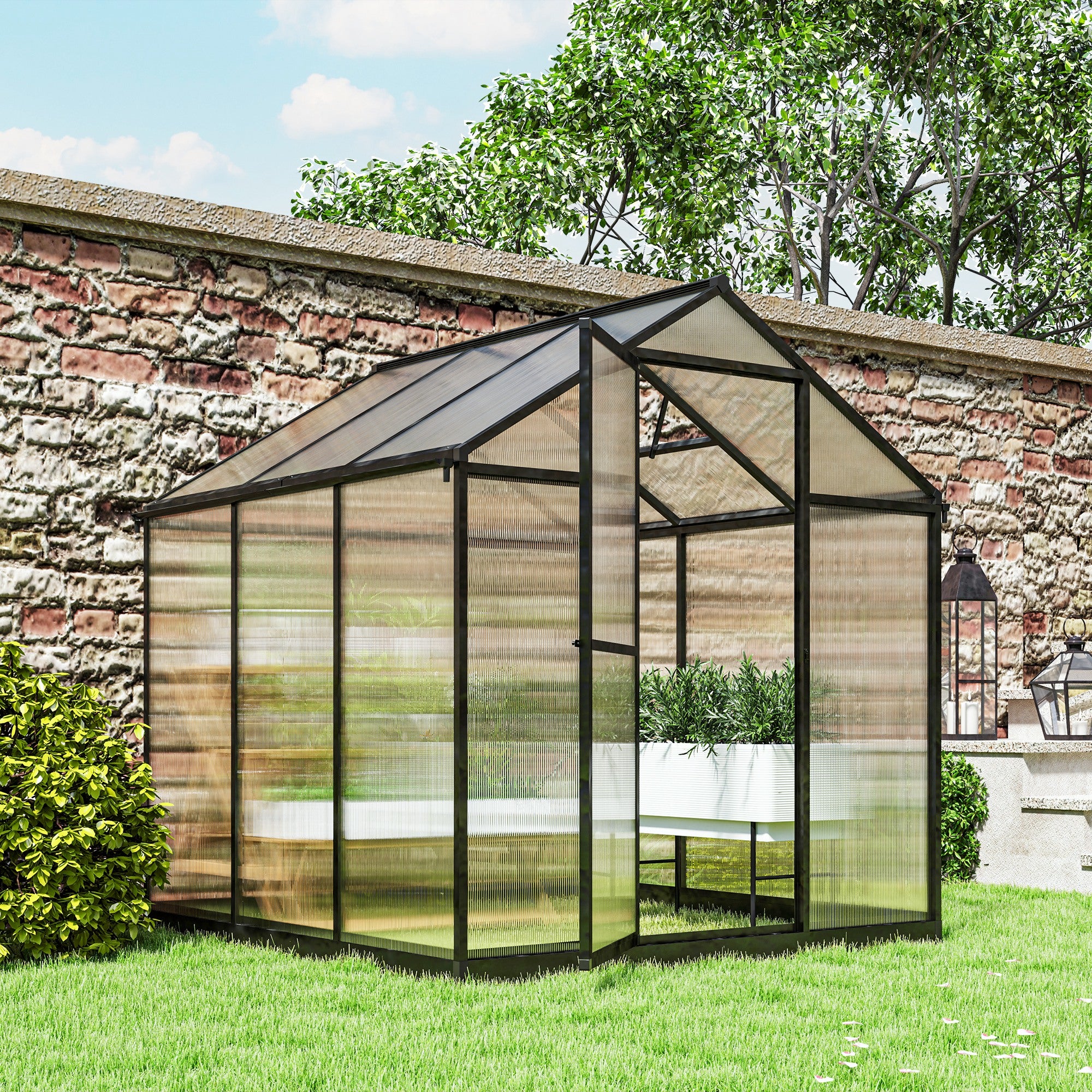 8' x 6' x 6.4' Walk-in Garden Greenhouse Polycarbonate Panels Plants Flower Growth Shed Cold Frame Outdoor Portable Warm House Aluminum Frame, Charcoal Grey Walk In Greenhouses   at Gallery Canada