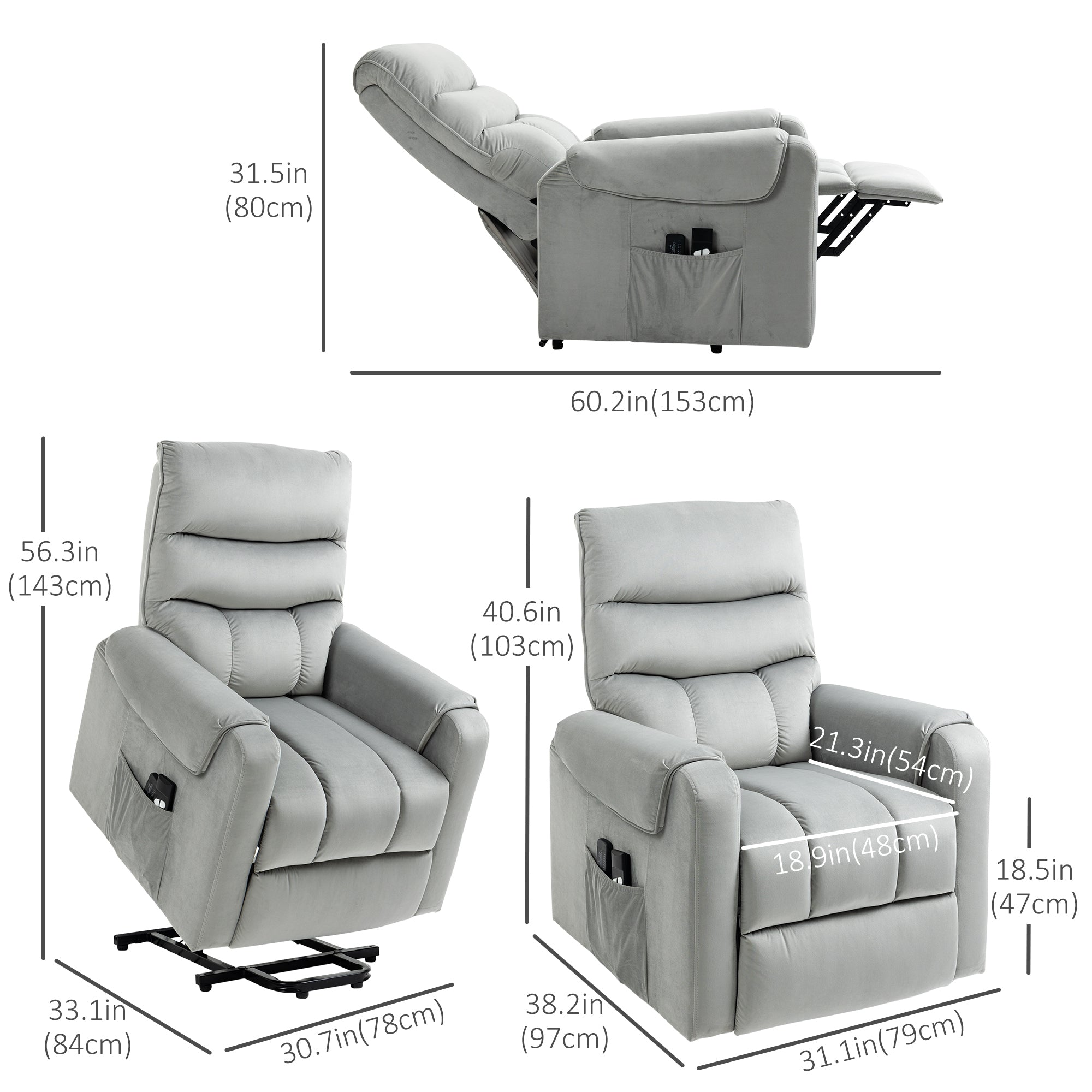Lift Chair for Elderly, Massage Recliner Chair with 8 Vibration Points, Footrest, Remote Control, Side Pockets, Grey Electric Power Lift Chairs at Gallery Canada