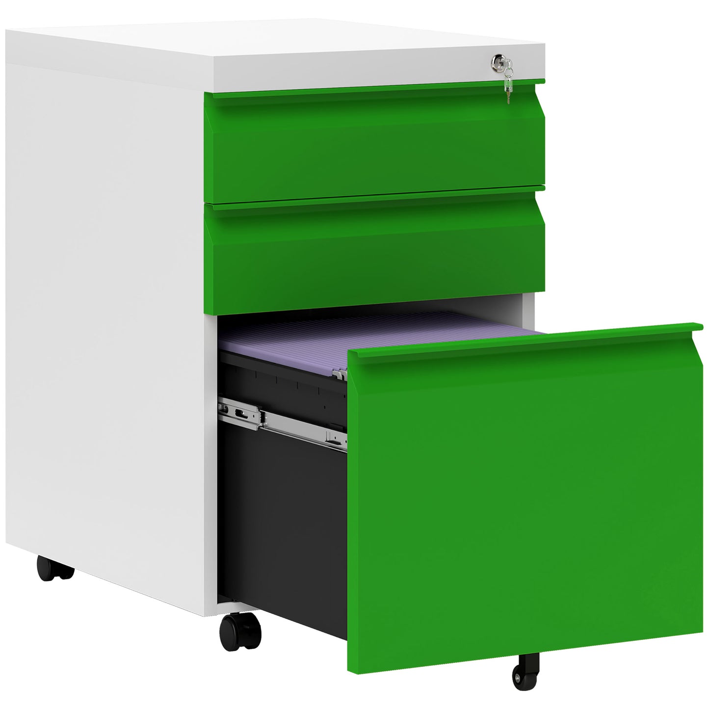 3 Drawer Filing Cabinet, Lockable Office Storage Cabinet on Wheels for Legal, Letter, A4 Files, Green Office Cabinets & Cupboards   at Gallery Canada