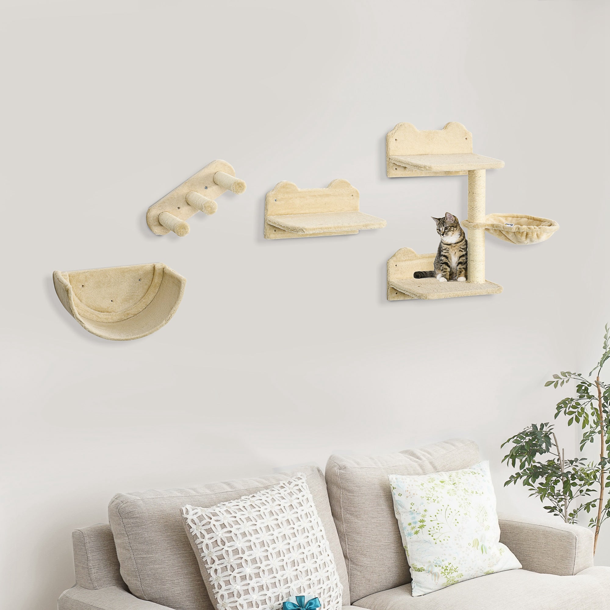 Cat Wall Shelves, 3PCs Cat Shelves with Hammock, Scratching Post, 3 Steps, Jumping Platforms, Wall Mounted Cat Climber, Beige Cat Climbing Wall at Gallery Canada