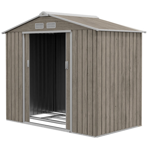 7' x 4' x 6' Garden Storage Shed Outdoor Patio Metal Tool Storage House w/ Foundation Kit and Double Doors Light Brown
