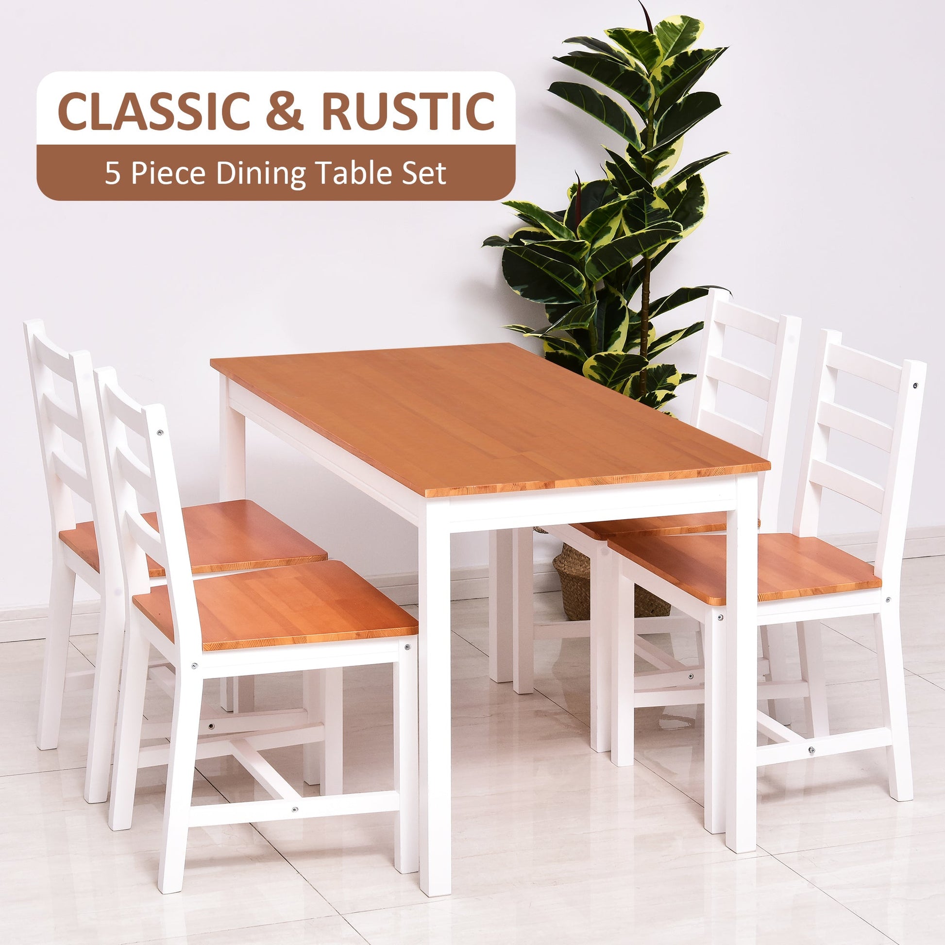 Dining Table Set for 4, 5 Piece Pine Wood Kitchen Table with High Back Chairs, White and Natural Wood Bar Sets   at Gallery Canada