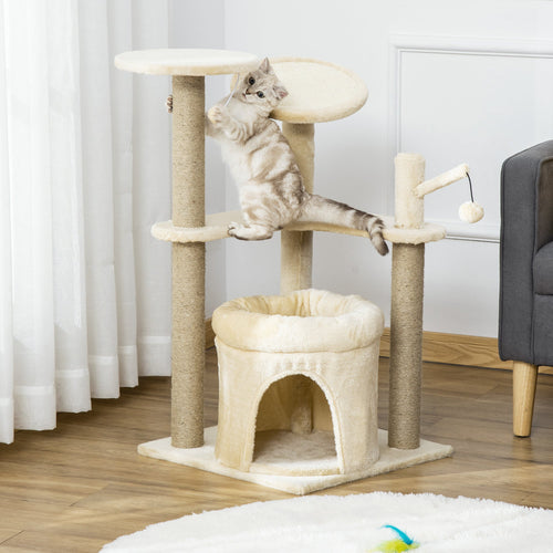 34.25'' Cat Tree Tower Kitten Multi-Level House with Condo Bed Scratching Post Pad Perch Ball Toy Inches, Beige