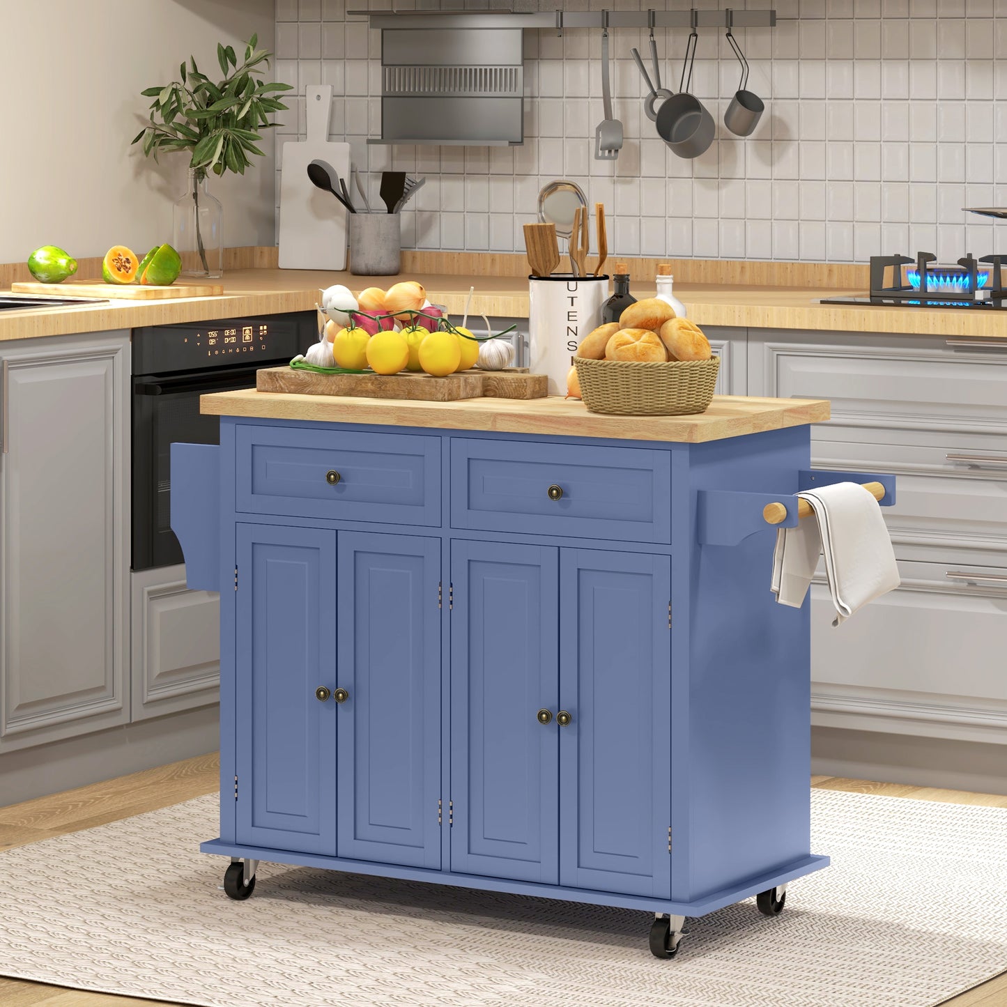 Kitchen Island with Storage, Rolling Trolley Cart with Rubber Wood Top, Spice Rack, Towel Rack, Navy Blue Kitchen Islands & Kitchen Carts Navy Blue  at Gallery Canada