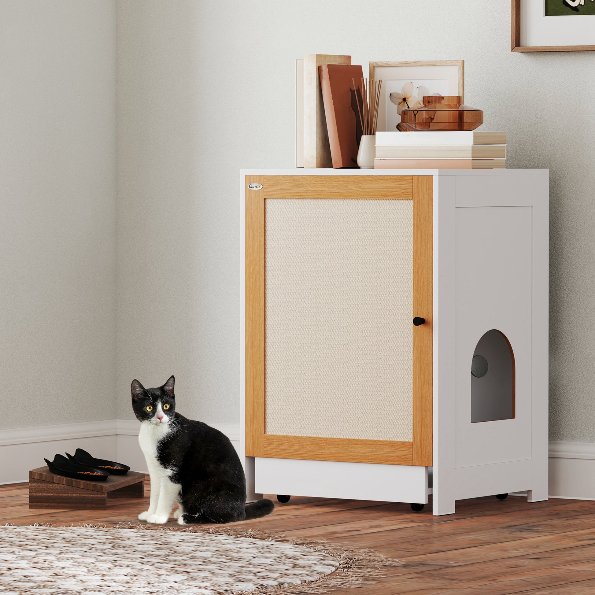 Cat Litter Box Enclosure, Hidden Litter Box Furniture with Pull-Out Tray, Storage Cabinet, Scratching Mat, Oak Cat Litter Box Enclosures   at Gallery Canada