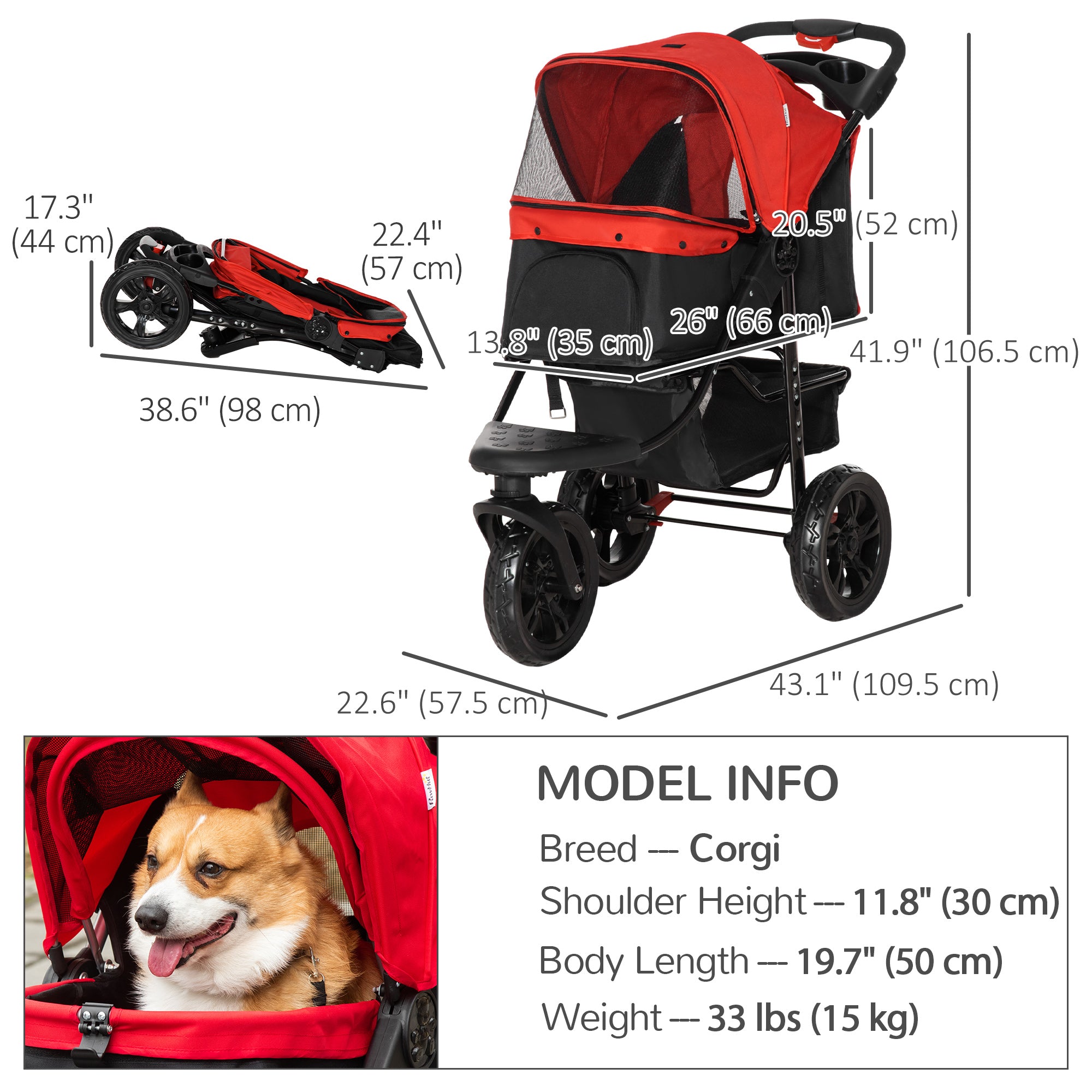 3 Wheel Folding Dog Stroller, Jogger Travel Carrier with Adjustable Canopy, Storage Brake, Mesh Window for S&;M Dogs, Red Dog Bike Trailers & Strollers at Gallery Canada