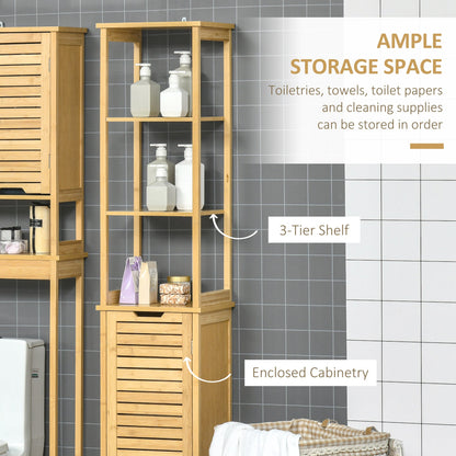 Bathroom Floor Cabinet with 3 Shelves and Cupboard, Slim and Freestanding Linen Tower with Storage, Natural Bathroom Cabinets   at Gallery Canada