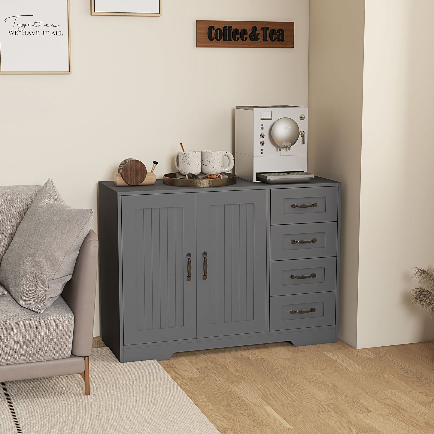 Modern Kitchen Storage Cabinet, Sideboard Buffet Cabinet with Drawers and Breadboard Door, Grey Storage Cabinets Grey  at Gallery Canada