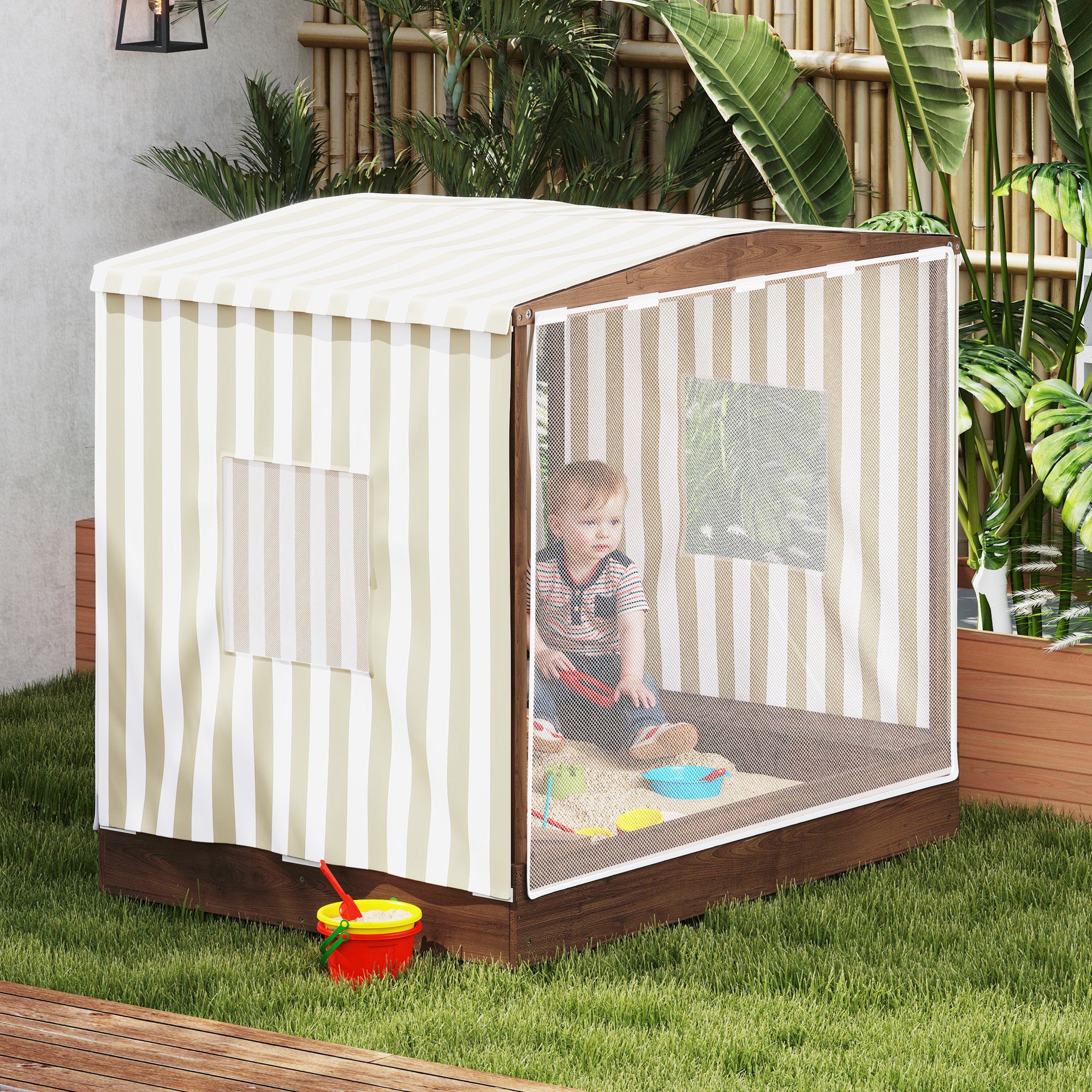 Kids Sandbox with Full Covered Canopy, Bench Seats, Bottom Liner, for Ages 3-6, 56