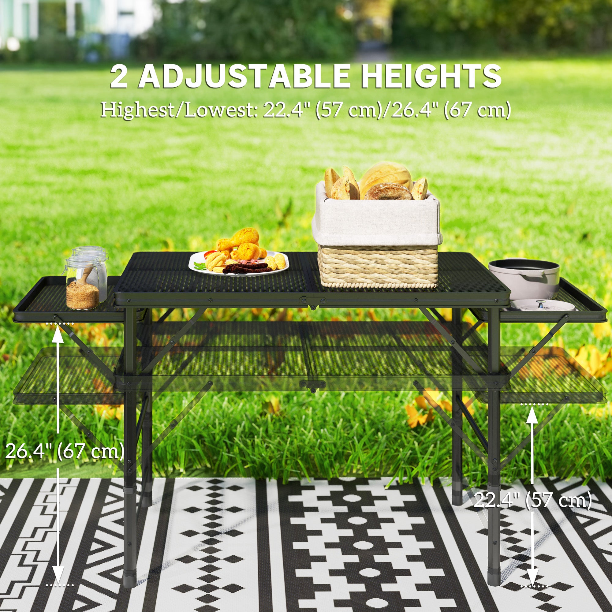 4.5ft Folding Grill Table, Height Adjustable Camping Table w/ Wing Panels, Metal Portable Picnic Table w/ Mesh Desktop Picnic Tables & Camping Chairs at Gallery Canada