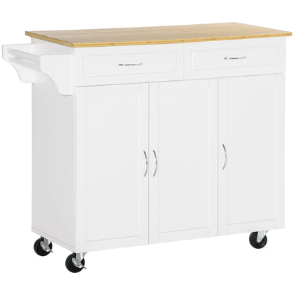 Rolling Kitchen Island Cart on Wheels with Large Bamboo Countertop, 2 Cabinets with Drawers, Adjustable Shelves, White Kitchen Islands & Kitchen Carts White  at Gallery Canada