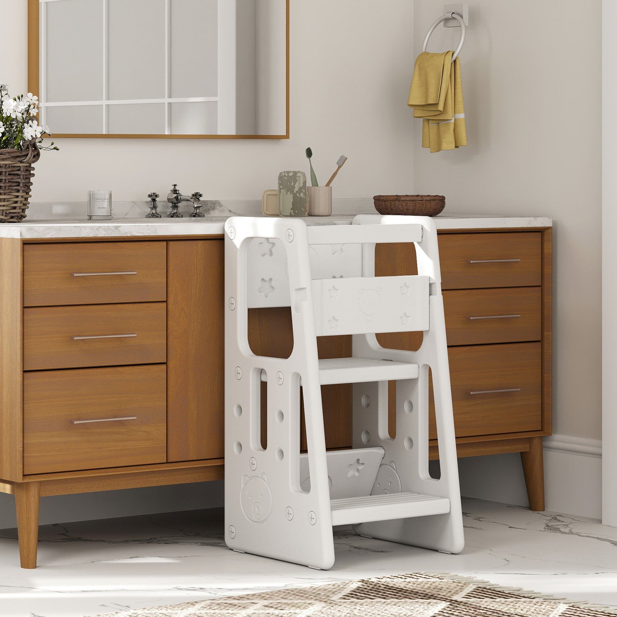 Toddler Kitchen Helper 2 Step Stool with Adjustable Height Platform and Safety Rail, White Toddler & Kids Step Stools at Gallery Canada