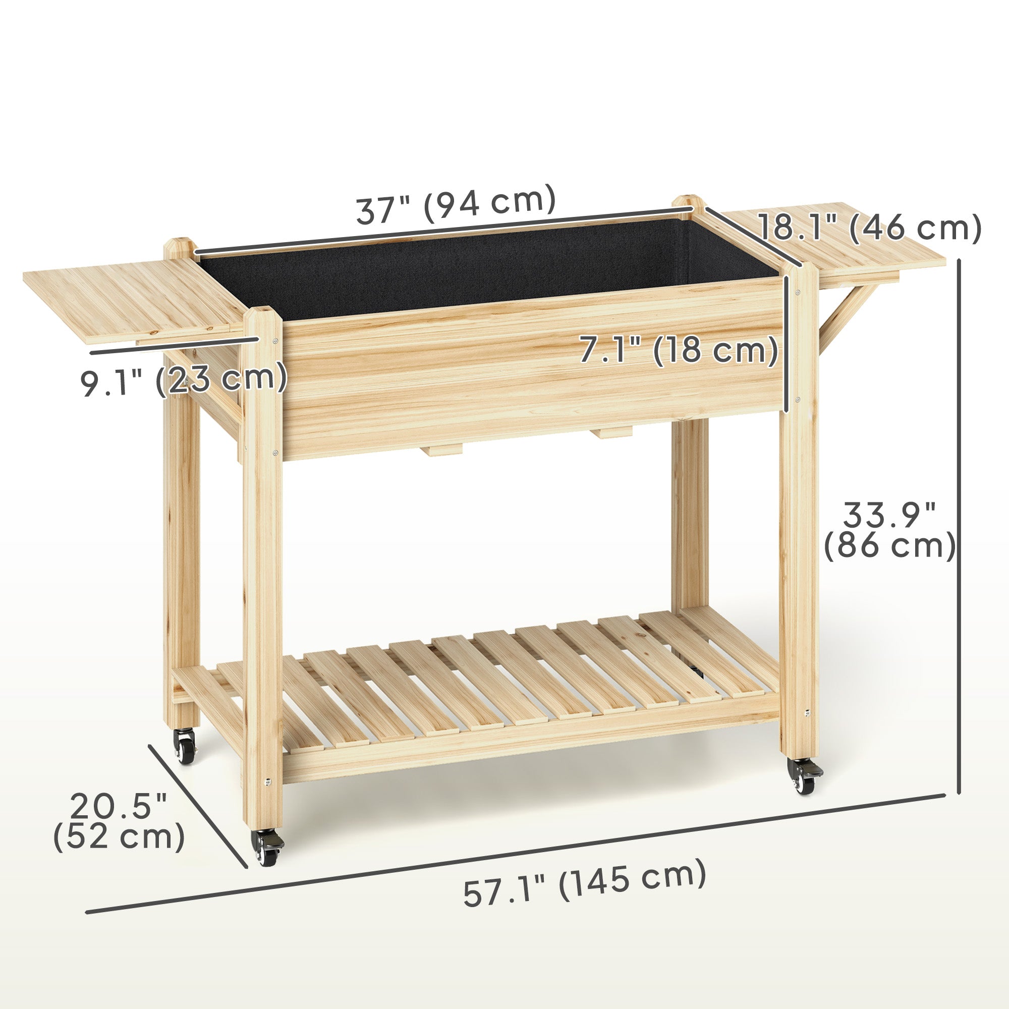 Raised Garden Bed, Wood Planter Box with Lockable Wheels, Side Tables, Bottom Shelf, Bed Liner, Drain Holes, Natural Raised Garden Beds at Gallery Canada