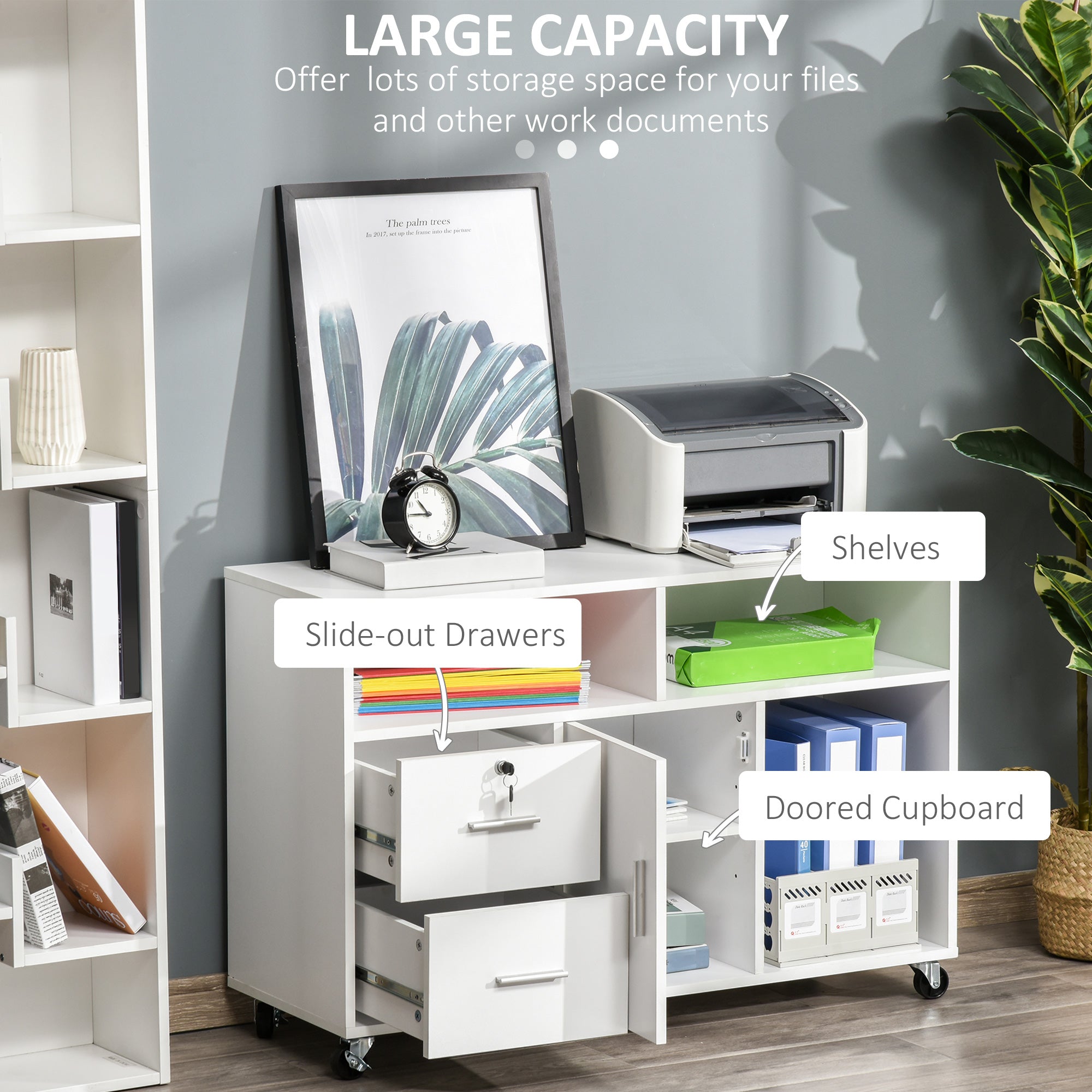 Lateral Filing Cabinet with Open Storage Shelf, Printer Stand Home Office Mobile File Cabinet with Wheels, Lockable Drawer, White Office Cabinets & Cupboards at Gallery Canada
