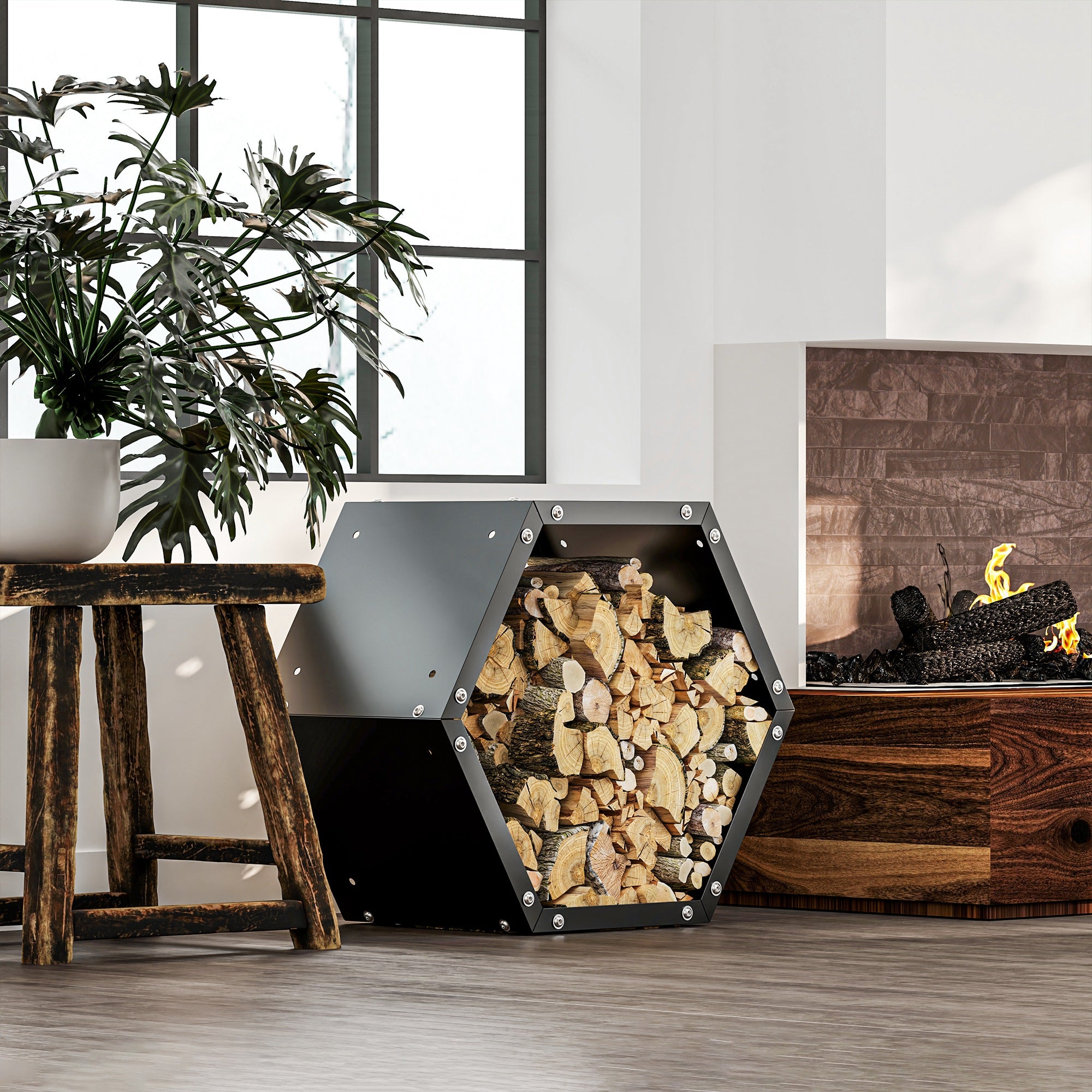 Hexagon Firewood Log Rack Heavy-Duty Steel Log Holder for Outdoor Indoor Use, 25.6