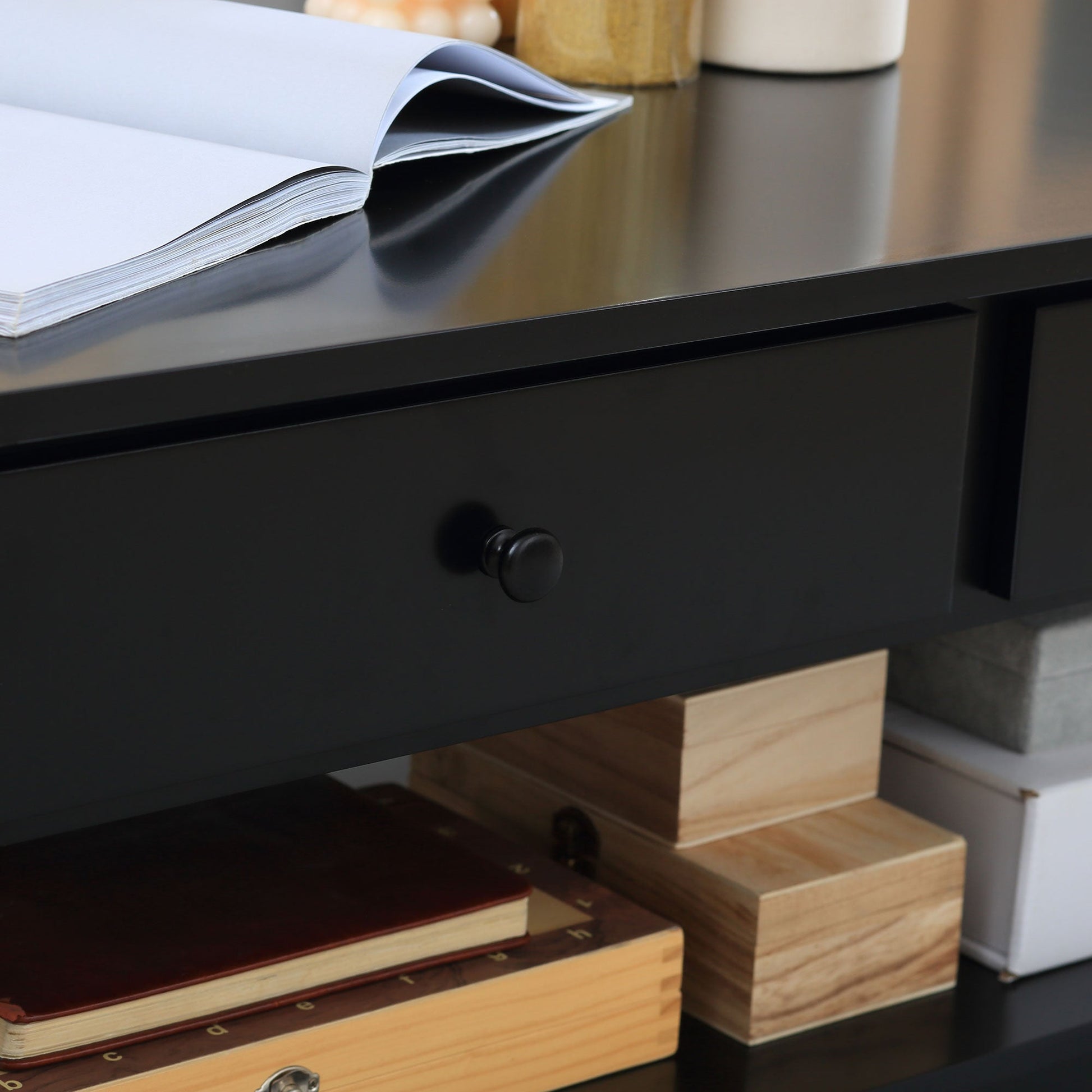 Coffee Table with Storage, Farmhouse Living Room Table with Drawers and Open Shelf, Centre Table with X-frames, Black Coffee Tables   at Gallery Canada