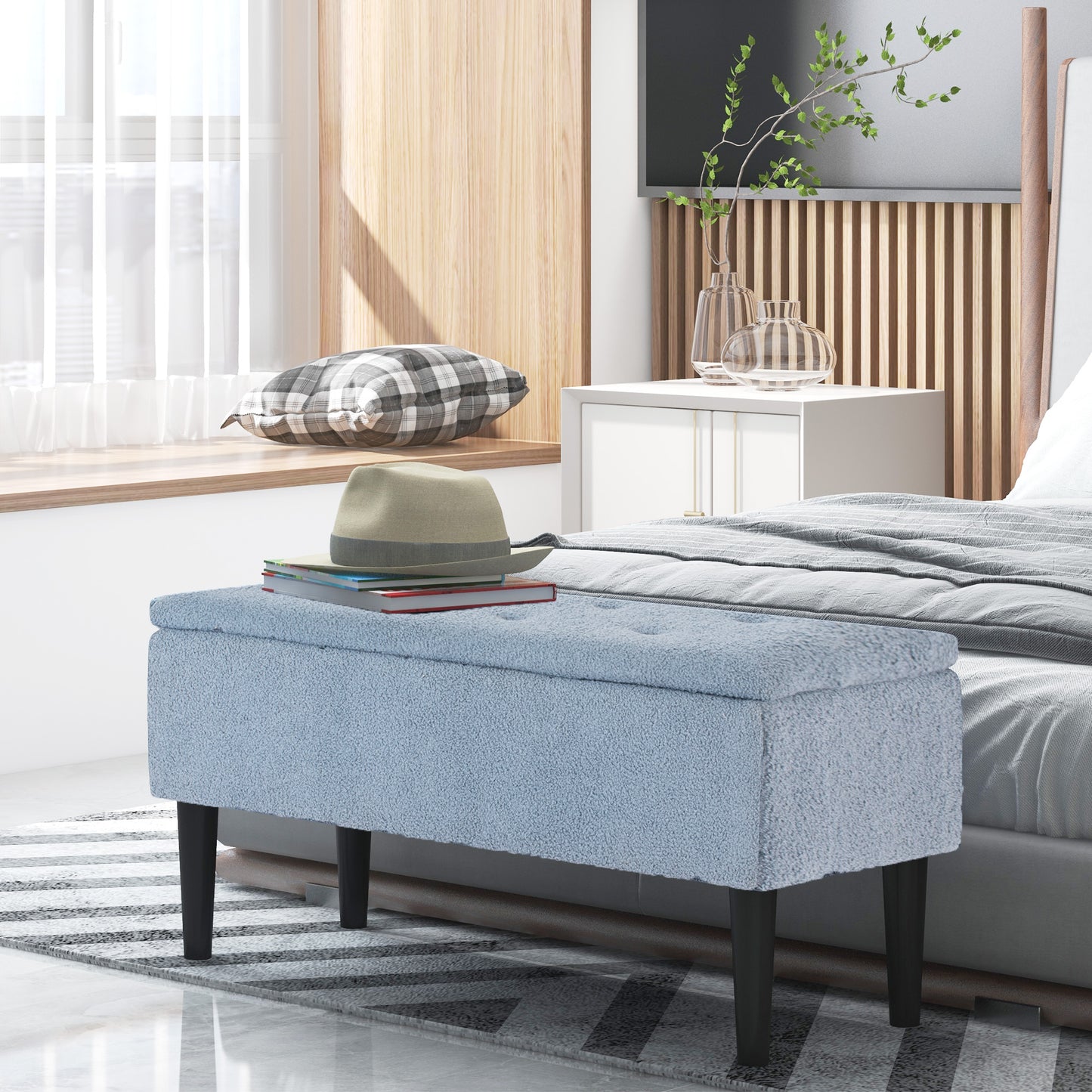 Modern Storage Bench, Ottoman with Storage and Lamb's Wool Upholstery for Living Room, Bedroom, Blue Storage Ottomans & Benches Multi Colour  at Gallery Canada