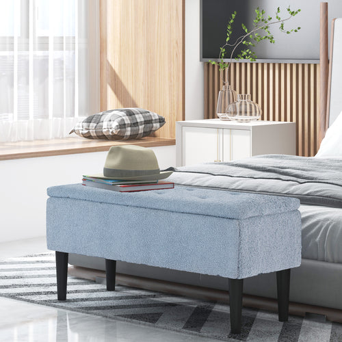 Modern Storage Bench, Ottoman with Storage and Lamb's Wool Upholstery for Living Room, Bedroom, Blue