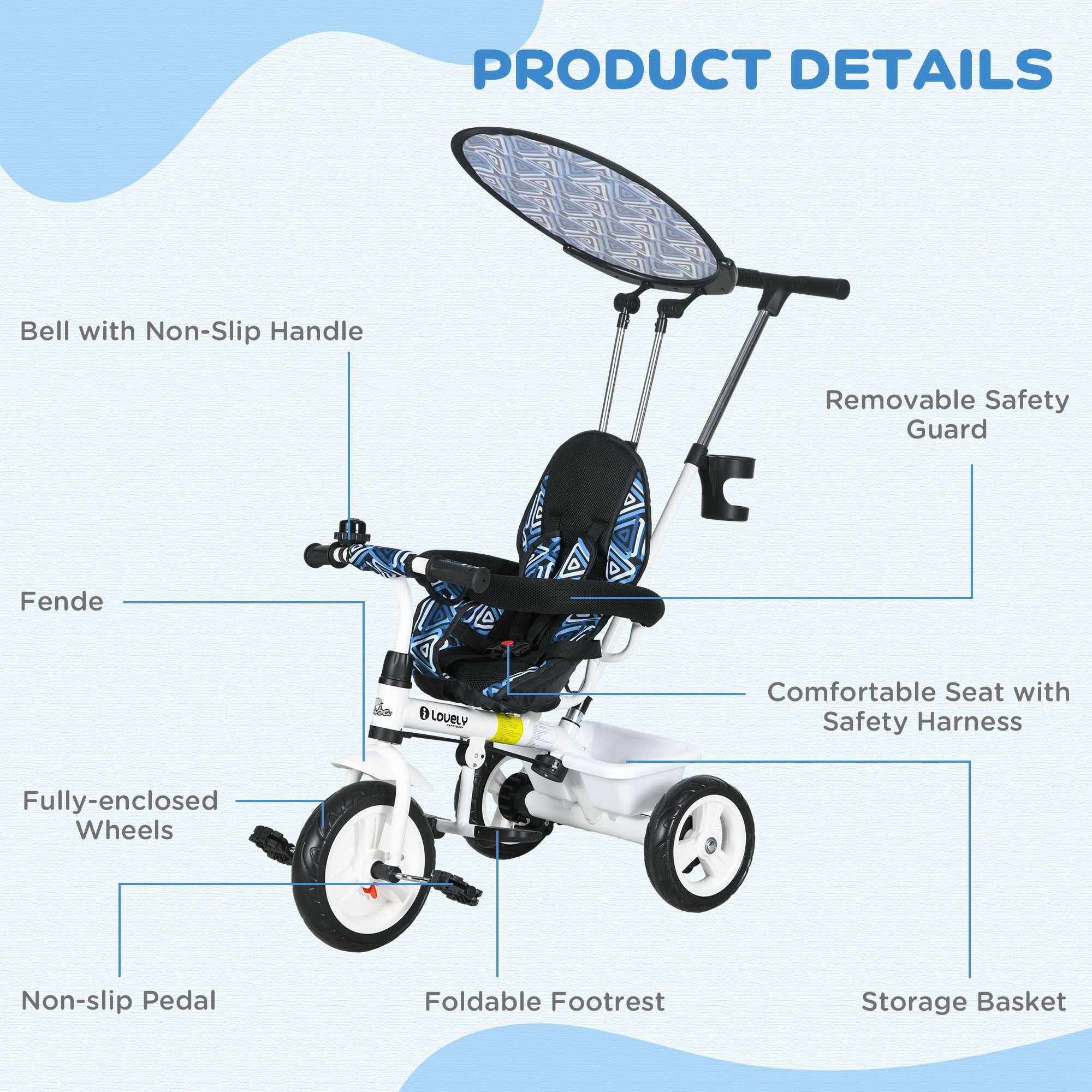 6 in 1 Kids Tricycle with Removable Handlebar and Canopy, Blue Tricycles for Kids at Gallery Canada