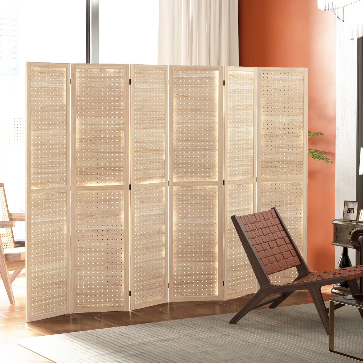 5.6 Ft. Tall 6-Panel Room Divider, Pegboard Panel Freestanding Folding Privacy Screen Panels, Partition Wall Divider for Indoor Bedroom Office, Natural Room Dividers at Gallery Canada