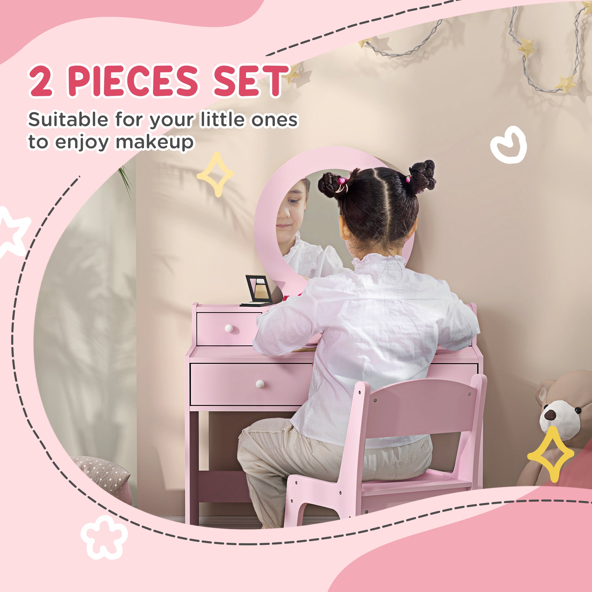 Kids Vanity Set, Children Makeup Table with Mirror, Stool and Storage Drawers, for Ages 3-8, Pink Toy Vanity   at Gallery Canada