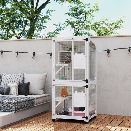 Catio Outdoor, Elevated Design, with Wheels, Resting Box, Water-Resistant, Multi Platforms, White