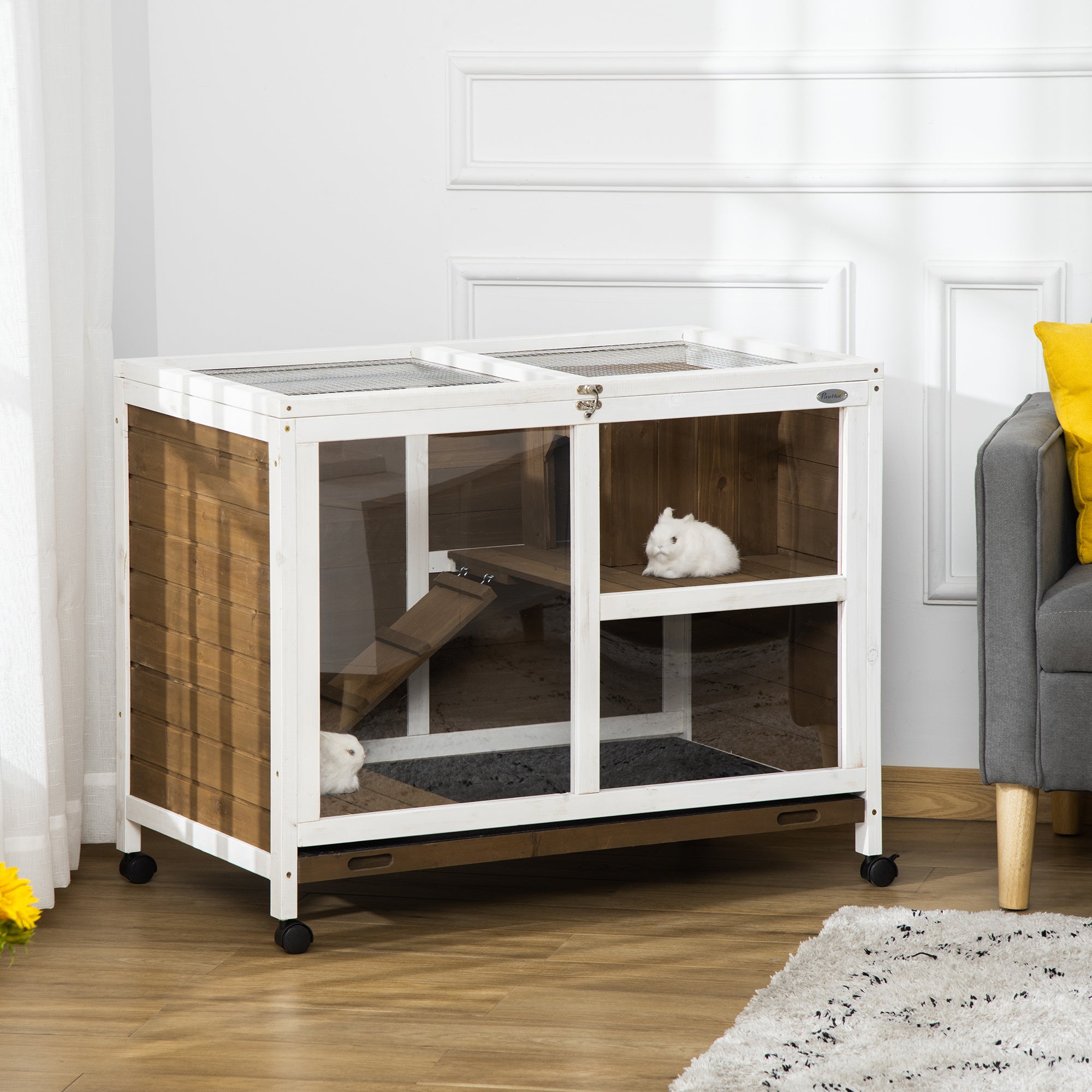 Indoor Rabbit Hutch with Wheels, Bunny Cage Guinea Pig House W/ Top Access, Ramp, Pull Out Tray, Brown Rabbit Hutch at Gallery Canada