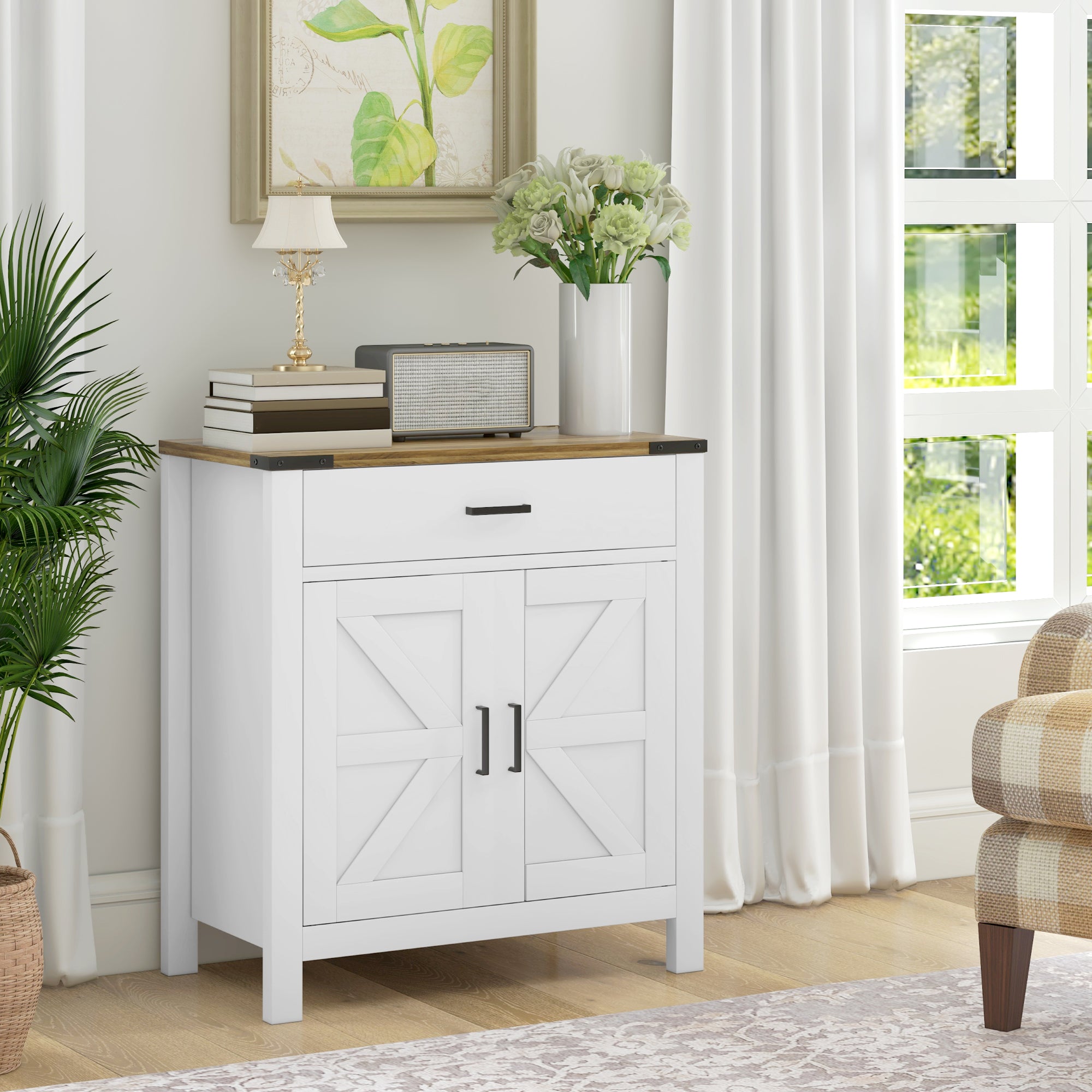 Farmhouse Buffet Cabinet Sideboard with 1 Drawer, 1 Storage Cabinet and Adjustable Shelf, White Bar Cabinets   at Gallery Canada