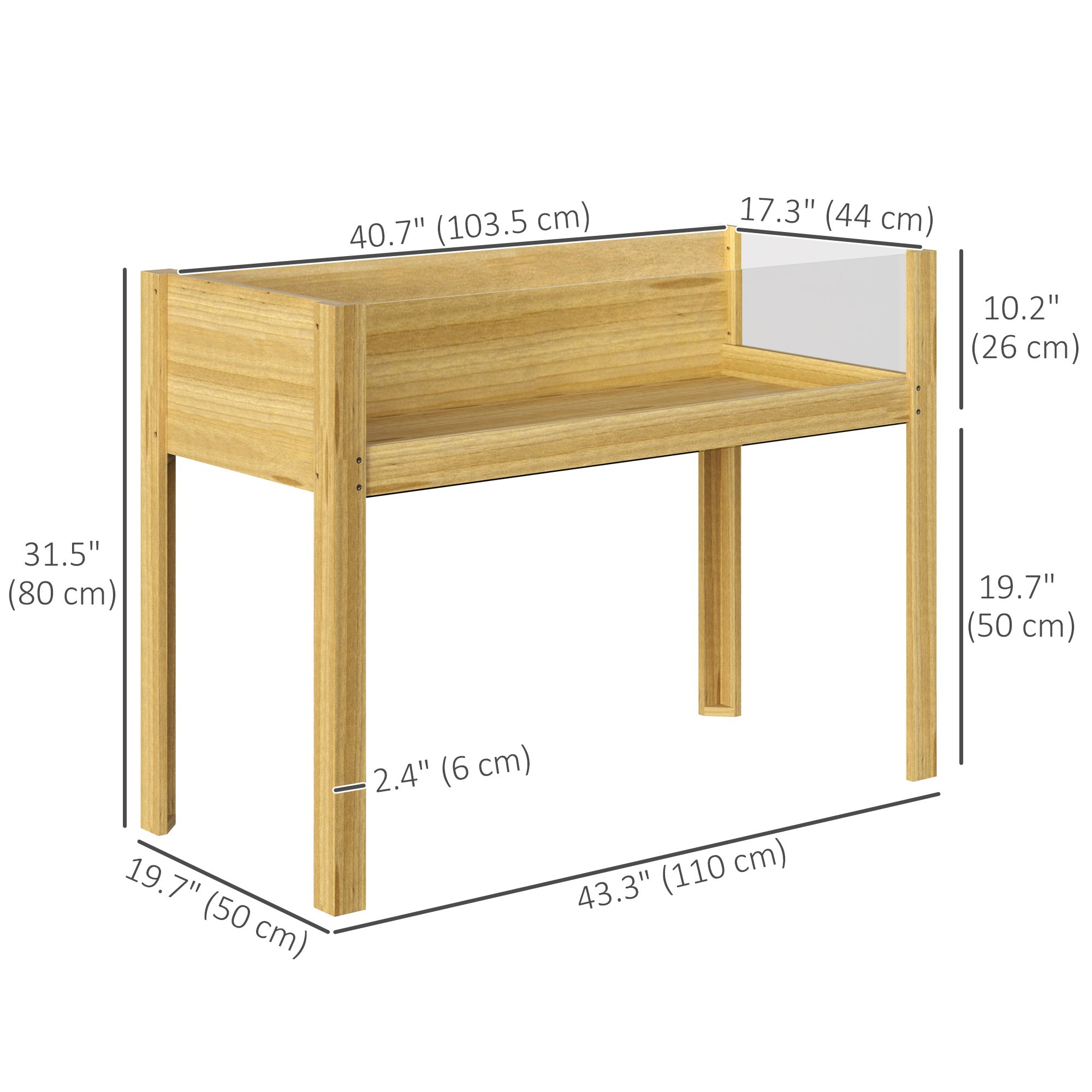 Wooden Raised Garden Bed with Acrylic Panels, Raised Planter Box with Drainage Holes, 43.3