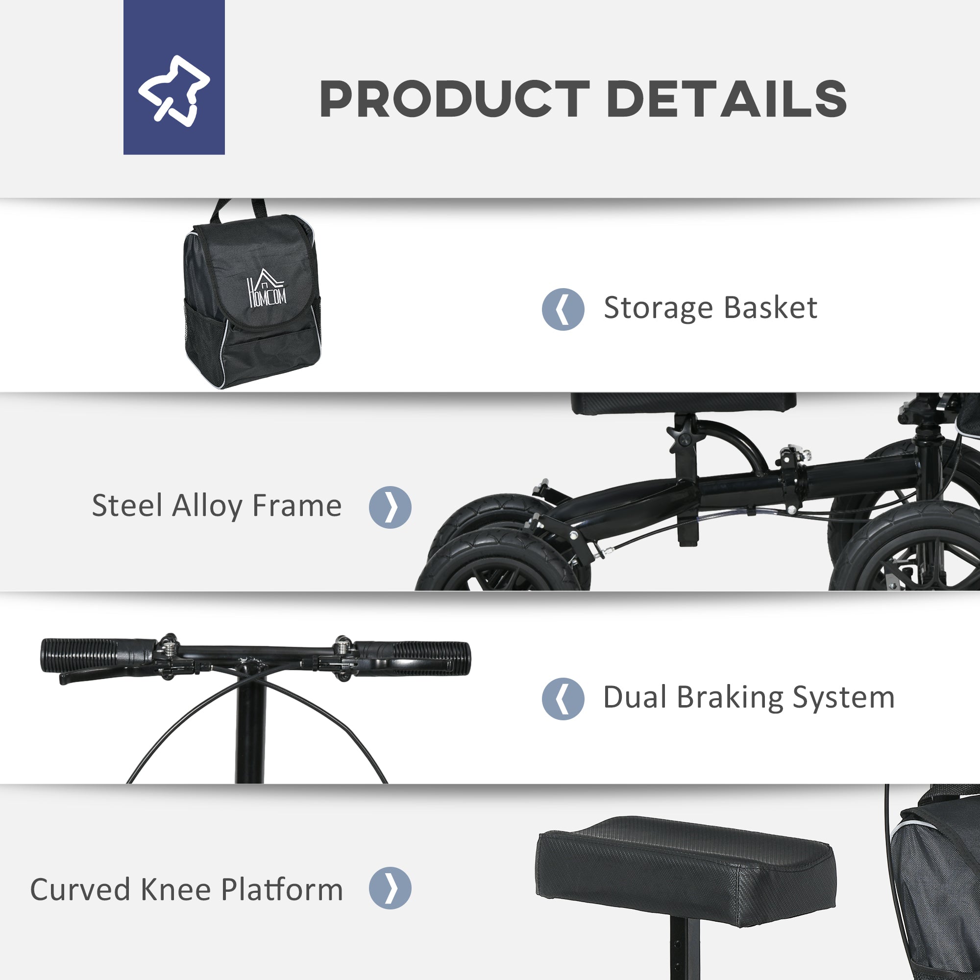 Adjustable Steerable Knee Walker, Foldable Knee Scooter with Rubber Wheels, Dual Brake, Crutch Alternative, Black Knee Walker & Wheelchair Ramps   at Gallery Canada