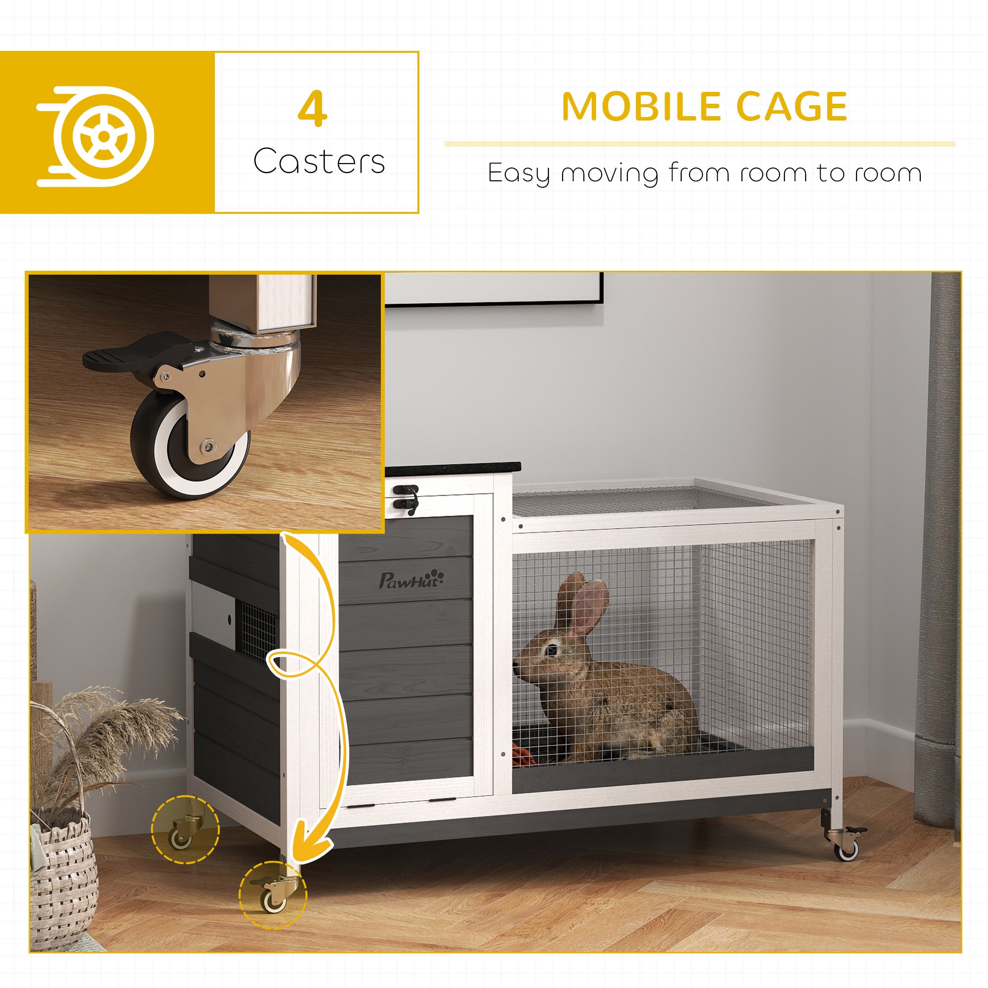 Wooden Rabbit Hutch with Pull-Out Tray, Asphalt Openable Roof, Small Animal Cage on Wheels with Run, Grey Rabbit Hutch at Gallery Canada