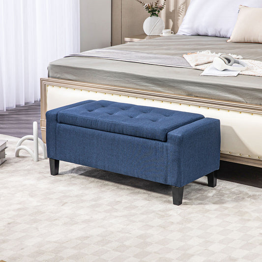Storage Ottoman Bench, Linen Upholstered Bench with Tufted Design, Dark Blue - Gallery Canada