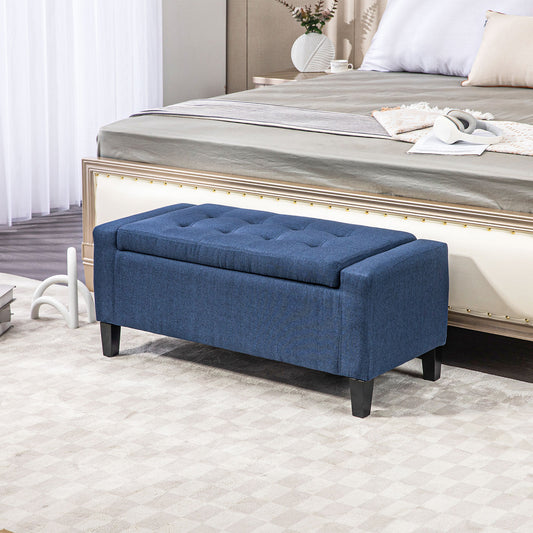 Storage Ottoman Bench, Linen Upholstered Bench with Tufted Design, Dark Blue Storage Ottomans & Benches   at Gallery Canada