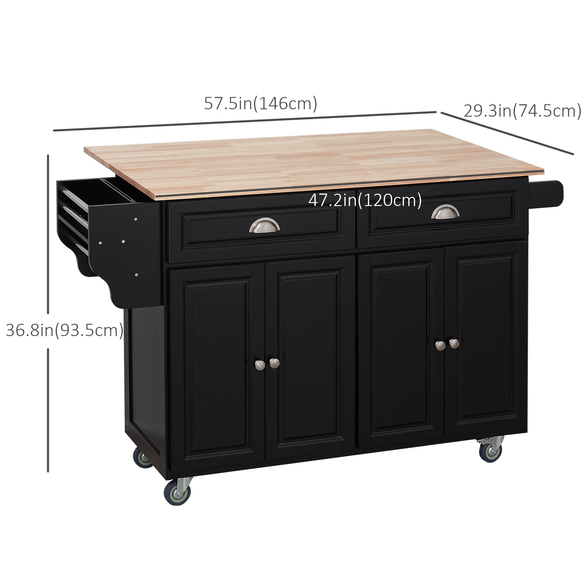Kitchen Island with Storage, Rolling Kitchen Island with Drop Leaf, Rubber Wood Top and Adjustable Shelves, Black Kitchen Islands & Kitchen Carts at Gallery Canada