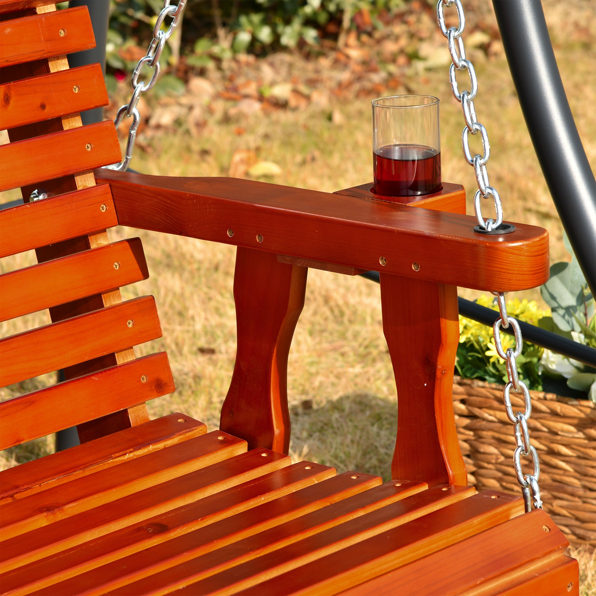 2 Seater Porch Swing Wooden Patio Swing Chair with Cup Holder and Chains Outdoor Swing Bench for Garden Yard, Brown Hanging Porch Swings at Gallery Canada