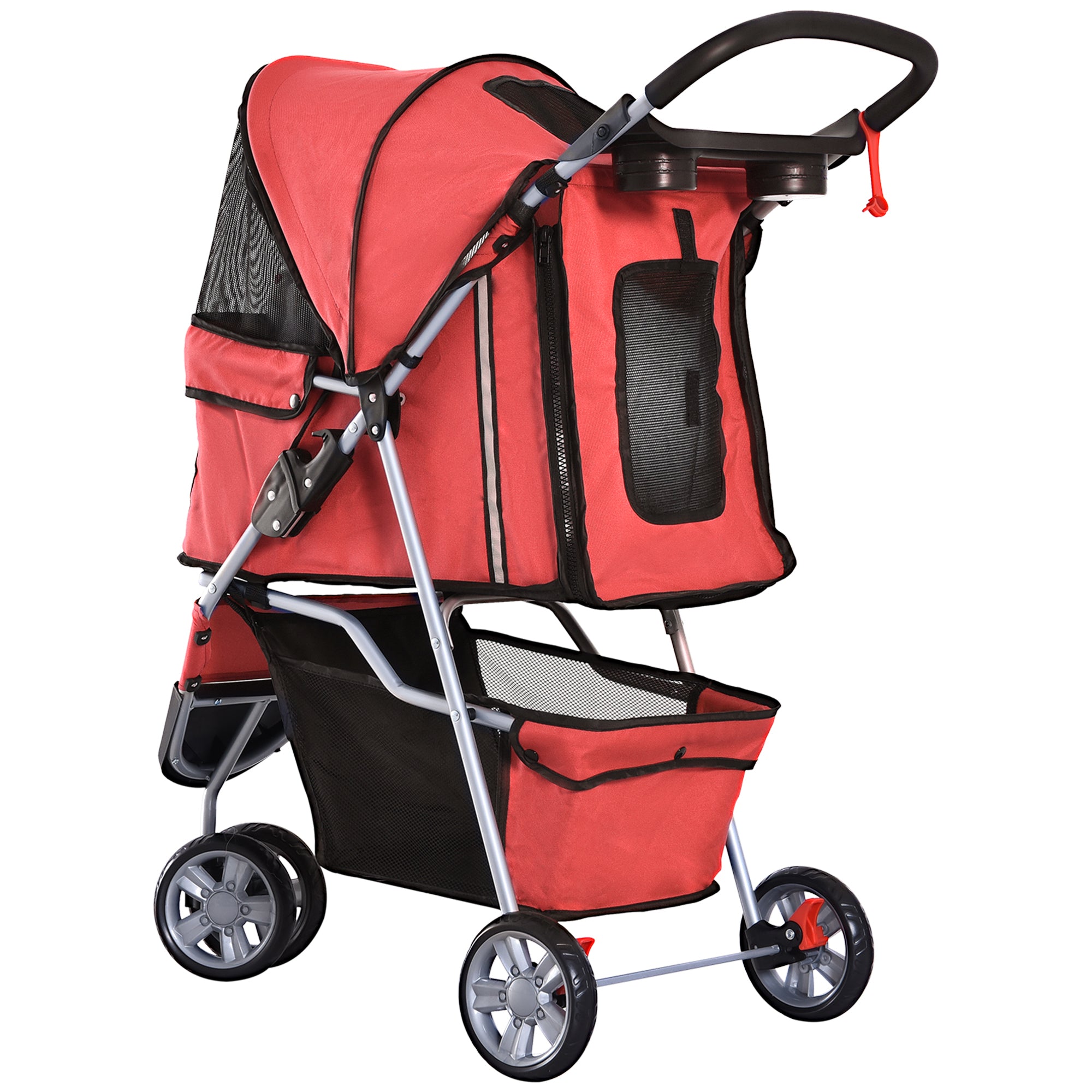 3 Wheels Foldable Dog Stroller with Storage Basket, Adjustable Canopy, Cupholder for Miniature and Small Dogs, Red Dog Bike Trailers & Strollers at Gallery Canada
