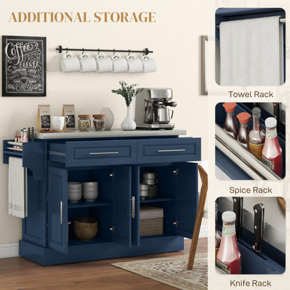 Rolling Kitchen Island with Storage and Stainless Steel Top, Kitchen Trolley with Drawers, Cabinets, Towel Rack, Blue Kitchen Islands & Kitchen Carts at Gallery Canada