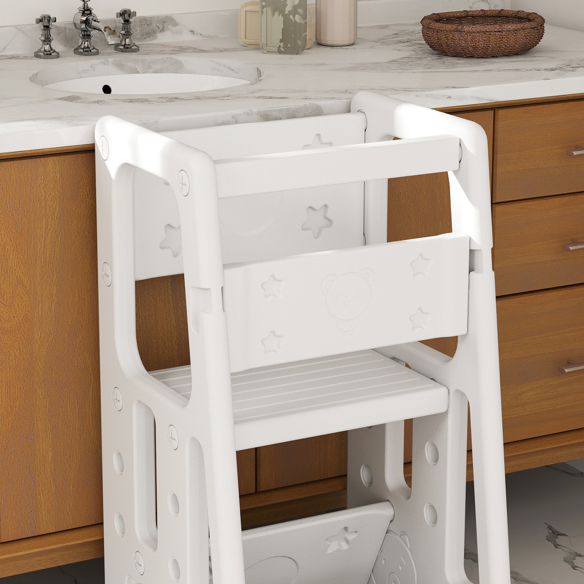Toddler Kitchen Helper 2 Step Stool with Adjustable Height Platform and Safety Rail, White Toddler & Kids Step Stools at Gallery Canada