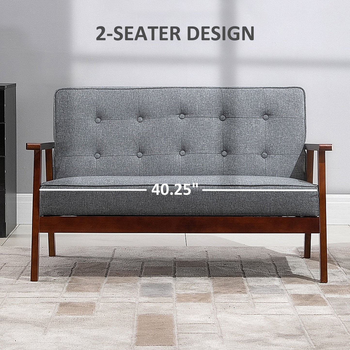 45" 2 Seat Sofa for Bedroom, Modern Upholstered Loveseat with Button Tufted Back and Wood Legs, Grey 2-Seater Sofas   at Gallery Canada