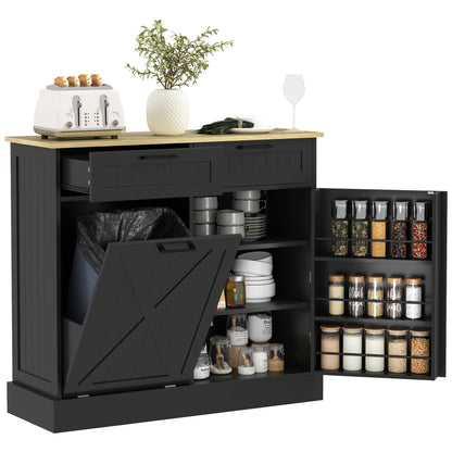 Hidden Garbage Bin Cabinet, Tilt Out Trash Cabinet w/ 2 Drawers, Freestanding Kitchen Island for Laundry, Black Bar Cabinets   at Gallery Canada